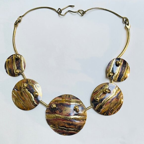 Vintage Artisan Abstract Brutalist Necklace Modernist Round Gold Tone Statement - Picture 1 of 6